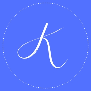 The capital letter K in a script font in white with a circle of small dots in white on top of a sky blue background.
